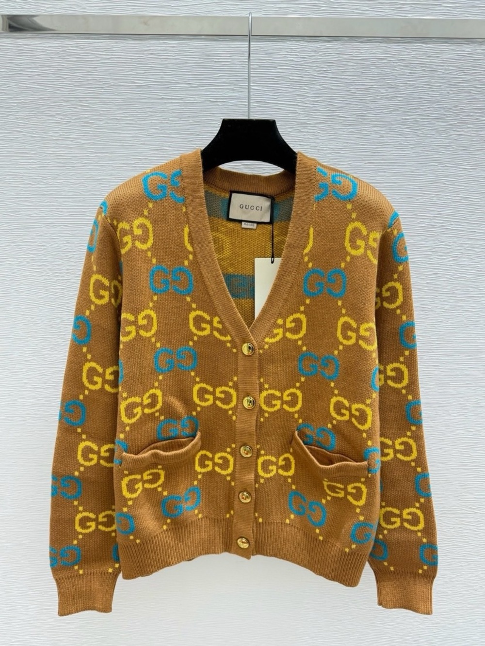 Gucci GG Monogram Knit Cardigan Camel Blue Yellow Wool Blend Sweater
